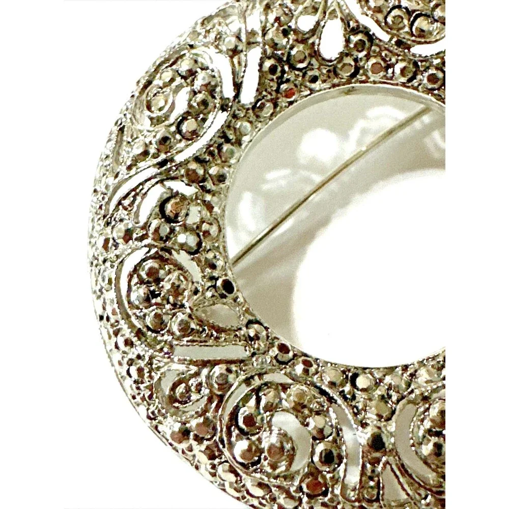 Vintage Liz Claiborne First Issue Filigree Brooch Faux Marcasite Silver Tone Pin